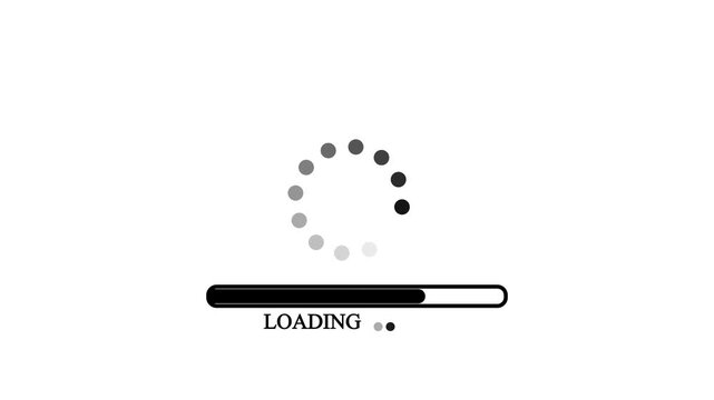 Classic black loading progress bar with circular buffering spinner and loading text animation isolated on clean white background for website and app user interface