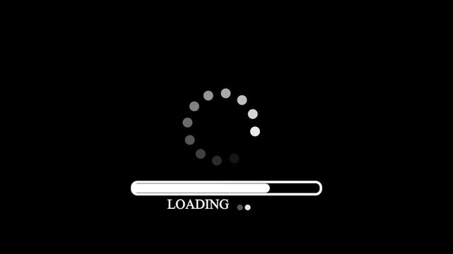 Classic white loading progress bar with circular buffering spinner and loading text animation isolated on black background for website and app user interface