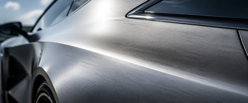 Close-up of sleek metallic car surface with reflections and curv