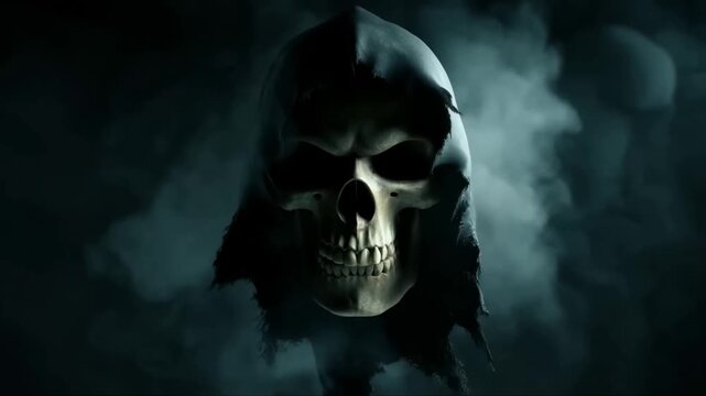 Mysterious grim reaper skull emerging through dark fog with eerie atmosphere
