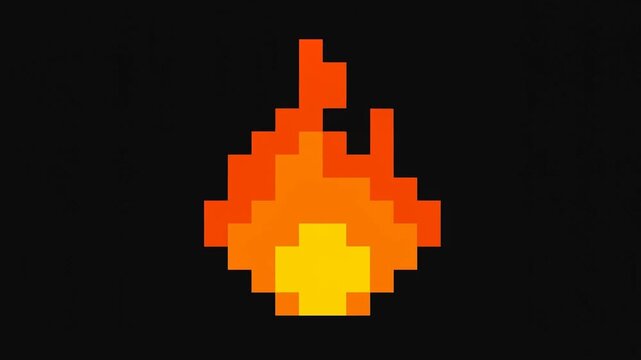 Static shot of pixel art flame flickering and pulsing on black screen centered minimal background loop animation