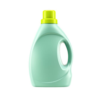Plastic bottle of liquid laundry detergent with green cap as isolated on transparent background