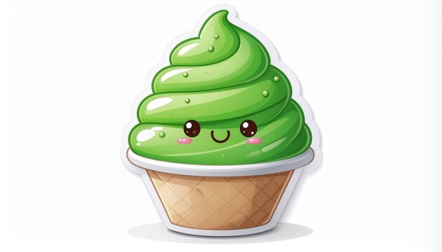 Ultra realistic premium matcha soft serve ice cream sticker design featuring happy food
