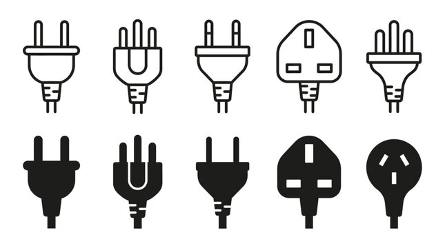 Variety of electrical plug designs in black and white