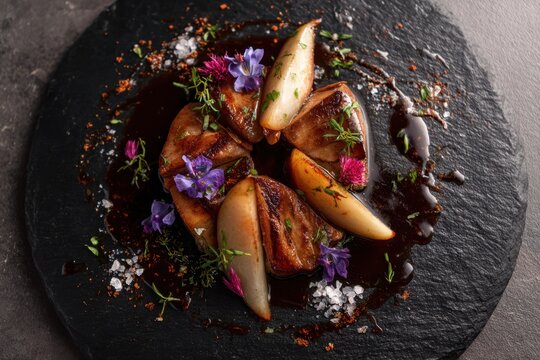  Foie gras po&ecirc;l&eacute; gastronomique avec poires caram&eacute;lis&eacute;es, sauce sombre, fleurs comestibles et gros sel sur une ardoise noire, vue de dessus