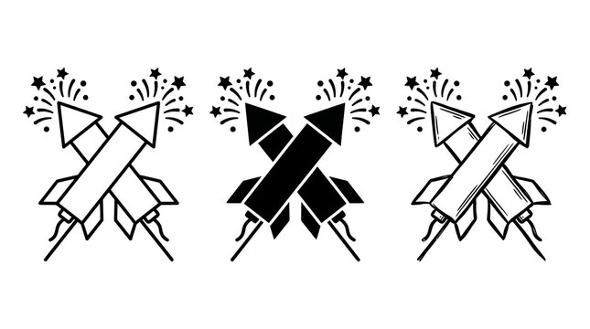 Festive firework rockets with decorative stars in minimalist black and white style