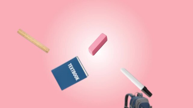 Falling student supplies with textbook and eraser on pink gradient background