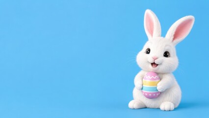 Obraz premium Plush bunny holding decorated egg on blue studio background