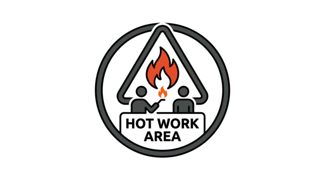Hot work area safety warning sign with workers and flame