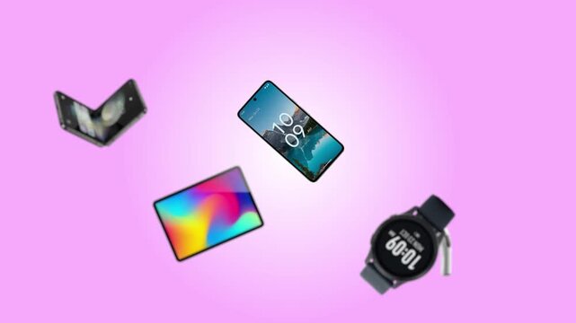 Dynamic floating tech gadgets with tablet and smartwatch on pink gradient background