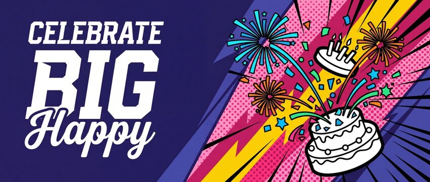 Birthday banner pop art celebration with cake explosion, vivid fireworks, and colorful confetti over retro comic book style halftone background for festive party online banner header template designs.