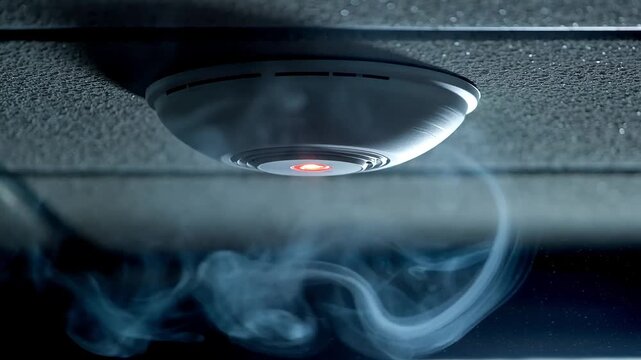 Fire alarm sensor on the ceiling detecting smoke with glowing red indicator light