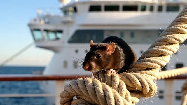 Brown rat sits on a thick mooring rope with a cruise ship in the background