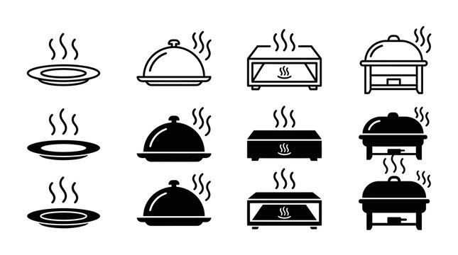 Food steaming icons collection: plates, lids, chafing dishes