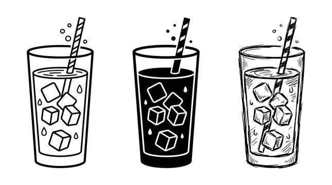 Minimalist black and white drink glasses with ice cubes and straws