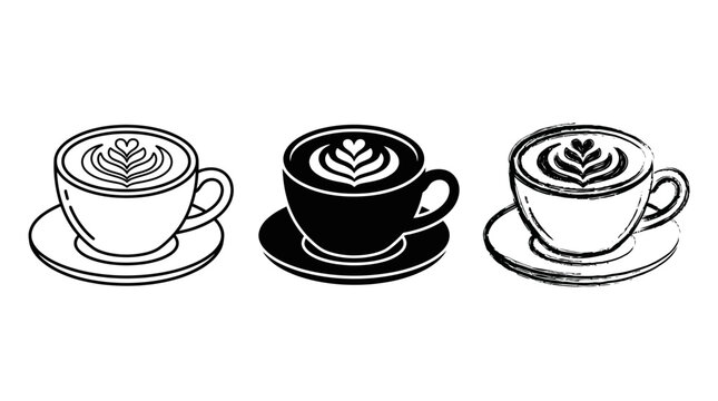 Set of coffee cup designs with latte art in minimalist outlines