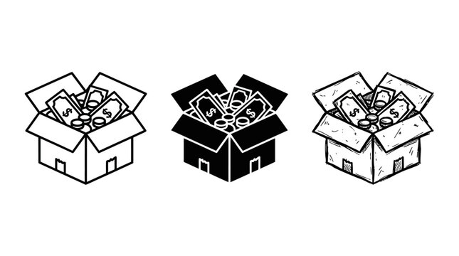 Set of three boxes with cash in sketched, silhouette, and hand-drawn styles