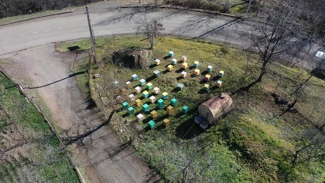 An aerial view of colorful wooden beehives arranged in rows on a green grassy yard next to a rural road and an old building, capturing traditional honey production.

