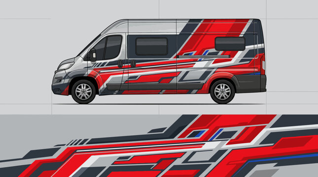Red and silver van side view.