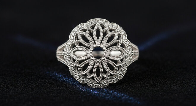 Intricate Art Deco sterling silver filigree ring with pave diamonds and central pearls, elegantly presented on a dark textured background, studio lighting emphasizing detail.