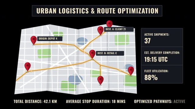 Motion graphics of an urban logistics and route optimization dashboard with a map overlay on a deep black background