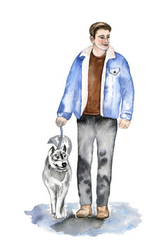 Watercolor illustration of a man in warm jacket walking with a husky dog. Hand drawn sketch on transparent background. For articles, art prints, stickers, scrapbooking, and more