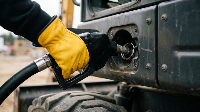 A gloved hand fueling heavy machinery with a gas nozzle