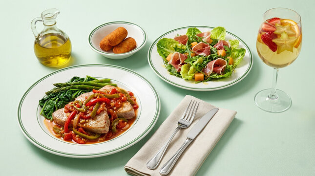 Tuna steak Basque style with peppers, accompanied by Iberian ham croquettes, arugula salad with melon and prosciutto, and a glass of sangria, Mediterranean style menu 