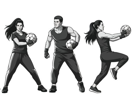 Grayscale Vector Illustration of Male and Female Athletes Training with Soccer Balls Isolated on White Background