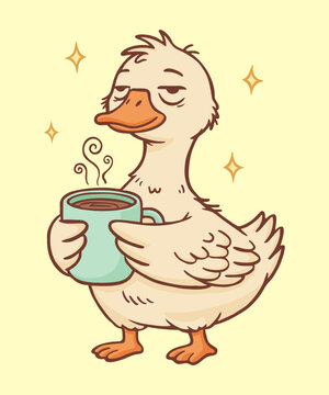 Cute Tired Cartoon Duck Holding a Hot Coffee Mug Vector Illustration