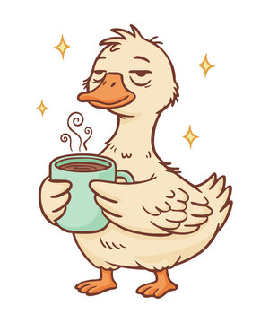 Cute Tired Cartoon Duck Holding a Hot Coffee Mug on Transparent Background