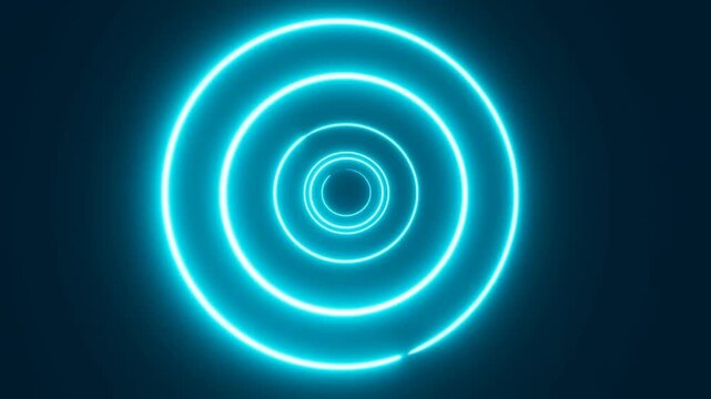 Rotating tracking shot of glowing concentric neon rings spiraling into tunnel on dark abstract background
