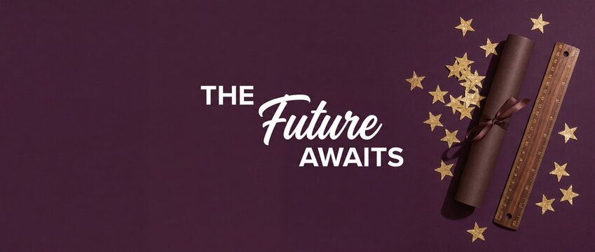 Graduation diploma scroll flat lay with future awaits text and golden stars on purple background. School graduation banner template, academic success card, and educational milestone website headers.