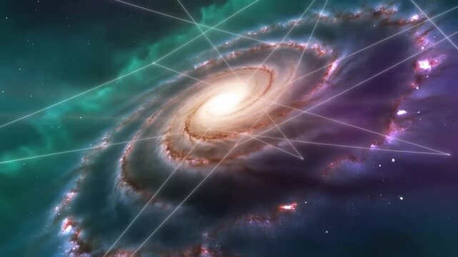 Tracking shot of spiral galaxy rotating with intersecting light beams and nebula clouds in deep outer space