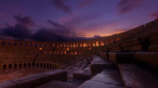 Panning slow tracking shot of empty ancient amphitheater seating and arches revealing stone steps at dusk with warm glowing interior lights