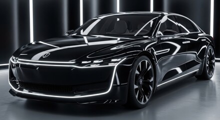 Naklejka premium Sleek Black Electric Sedan with Futuristic LED Lighting in Modern Studio