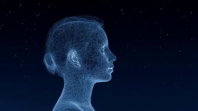 Futuristic digital human transformation against starry night sky