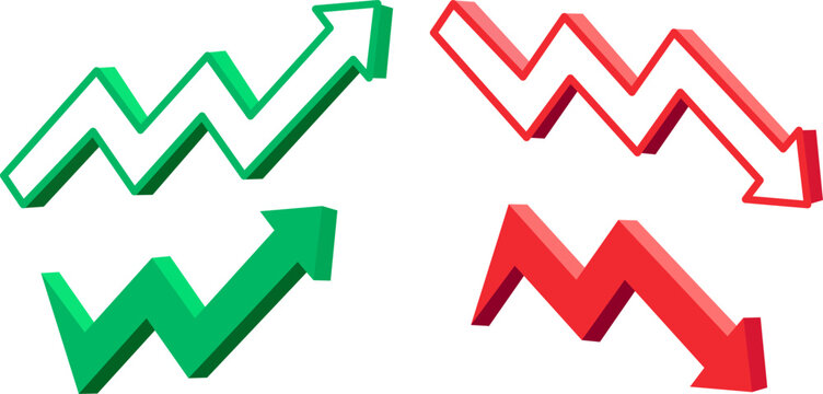 Green upward and red downward 3D zigzag arrows, financial growth and market crash trend concept symbols, volumetric dynamic stock statistics vector illustration