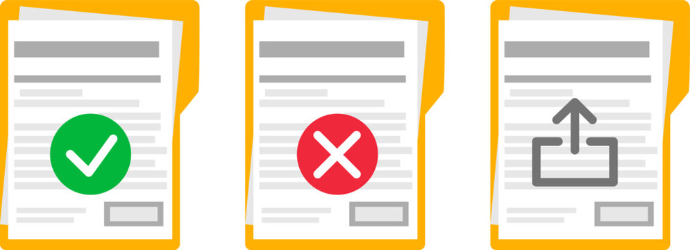 Three manila file folders showcasing different status symbols on individual white documents, document organization project showing complete checklist mark red cross rejection mark upload arrow icon