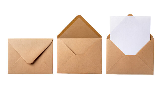 Isolated brown kraft paper envelopes set, one sealed, one open, and one with blank card inside
