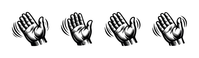Waving hand illustration in a vintage woodcut style, conveying greeting or farewell © UnIcons