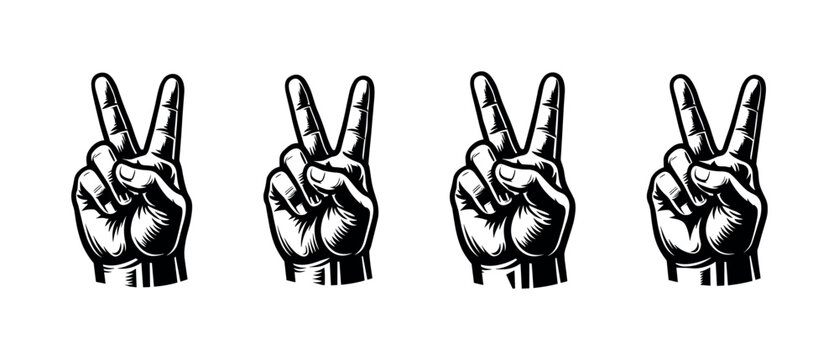 Four hands making the peace sign, a symbol of victory and harmony