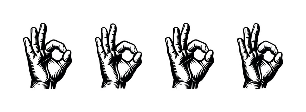 Four hands showing the OK gesture in a woodcut style illustration