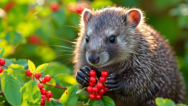 close hedgehog face body hedgehog standing branch green leaves red berries holding bunch red berries its paws appears nibbling background blurred seems garden natural environment plants foliage taken
