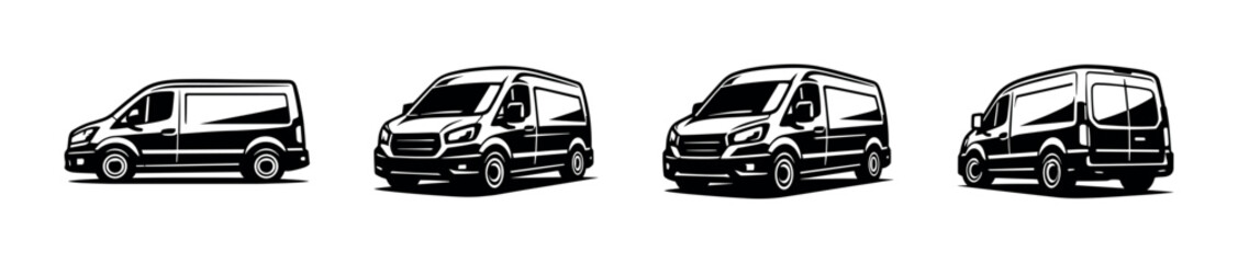 Fototapeta premium Collection of black and white van illustrations in different perspectives