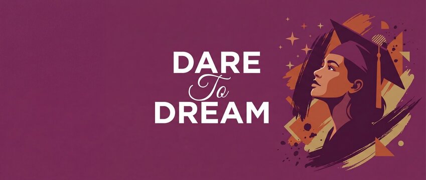 Graduation banner female student celebrating success with dare to dream motivational quote, vector illustration of proud woman in graduation cap looking up, abstract purple background with copy space.
