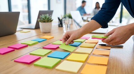 Fototapeta premium Hands Organizing Sticky Notes for Project Planning