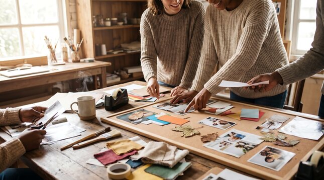 Hands Assembling Vision Board with Photos and Paper