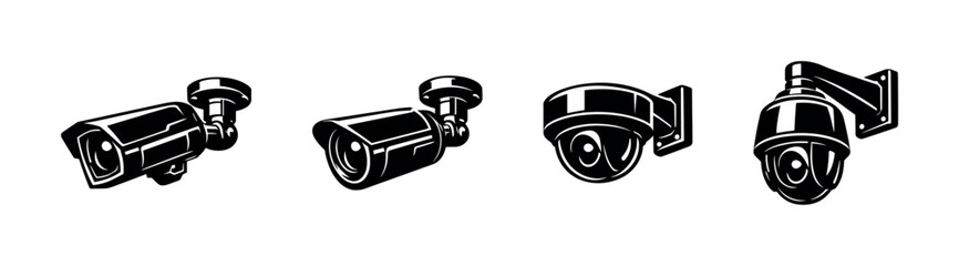 Collection of four distinct security camera icons in black and white © Compositor 