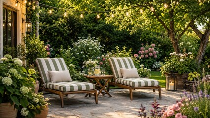 Obraz premium Two lounge chairs arranged on illuminated garden patio with lights